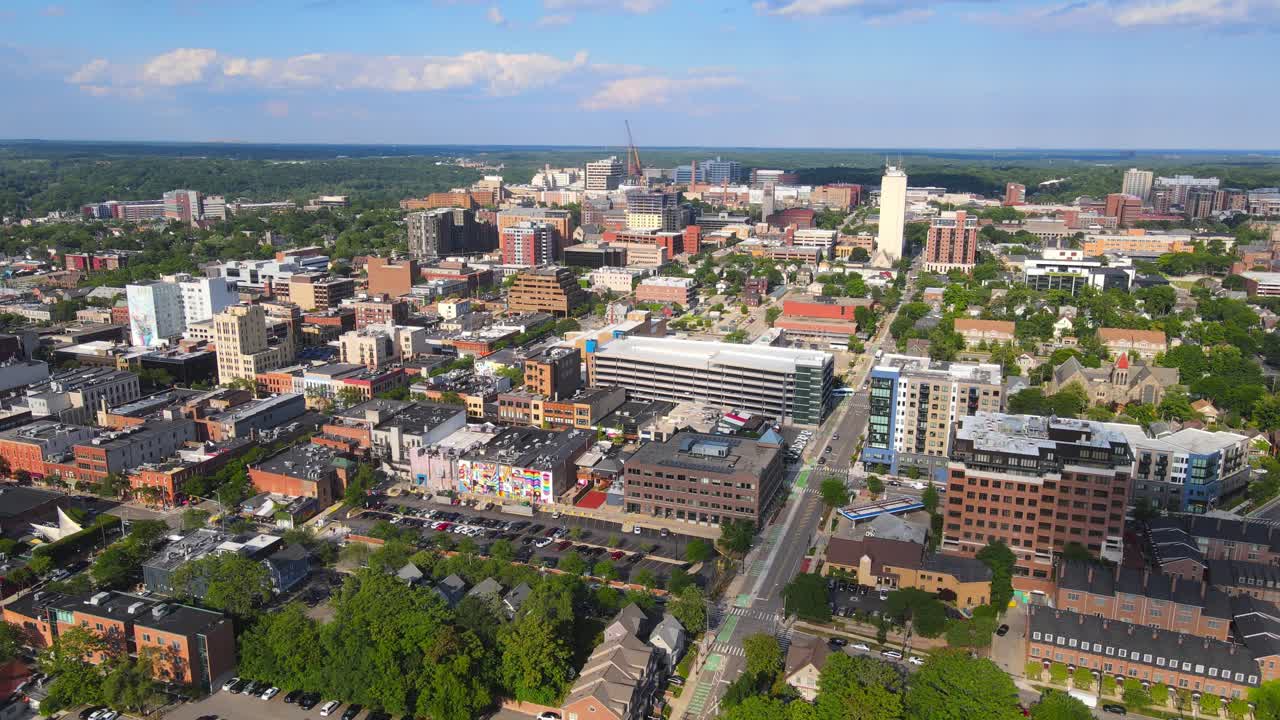 Aerial view of downtown Ann Arbor, Michigan during the day