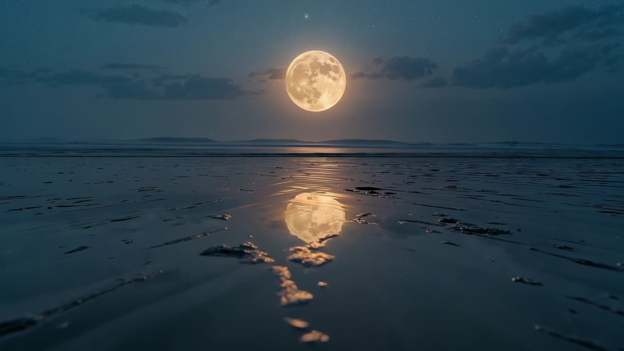 Full moon reflection shimmering on rippled wet sand at shoreline, with gentle breeze creating waves