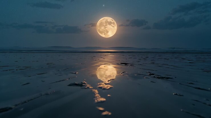 Reflexo da lua cheia brilhando na areia molhada e ondulada na costa, com brisa suave criando ondas