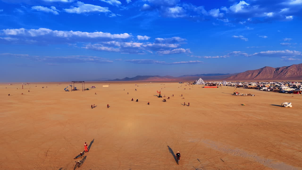 Nevada, USA, 22 August 2025: Wide desert view with Burning Man camp city. Open desert with scattered installations and Burning Man camp city at the horizon