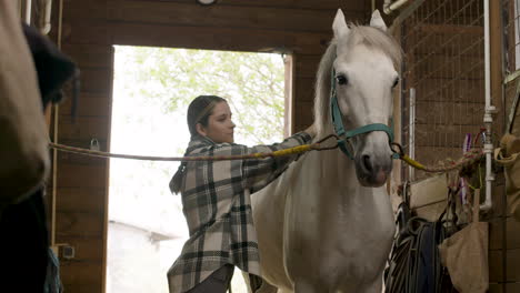 adolescente en abrigo a cuadros acariciando caballo blanco en el establo