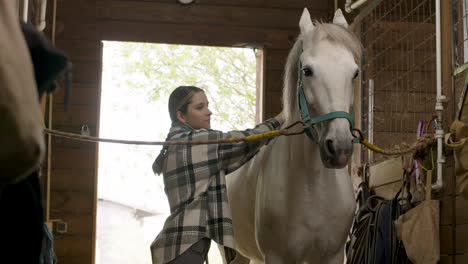 teenager in checkered coat petting white horse at the stable