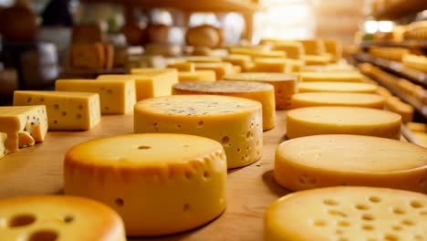 a wooden table topped with lots of different types of cheese