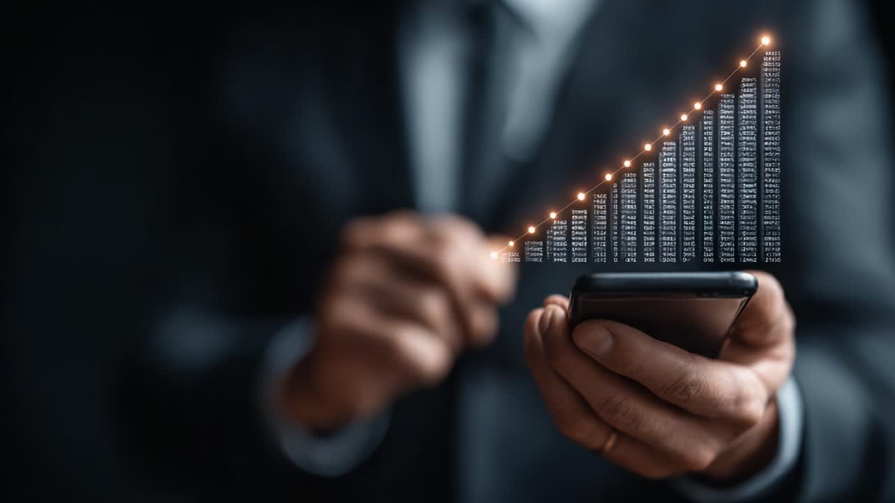 Dynamic Financial Growth Visualization: A Business Professional Analyzes Data Trends on a Smartphone, Showcasing Graphical Representations of Success