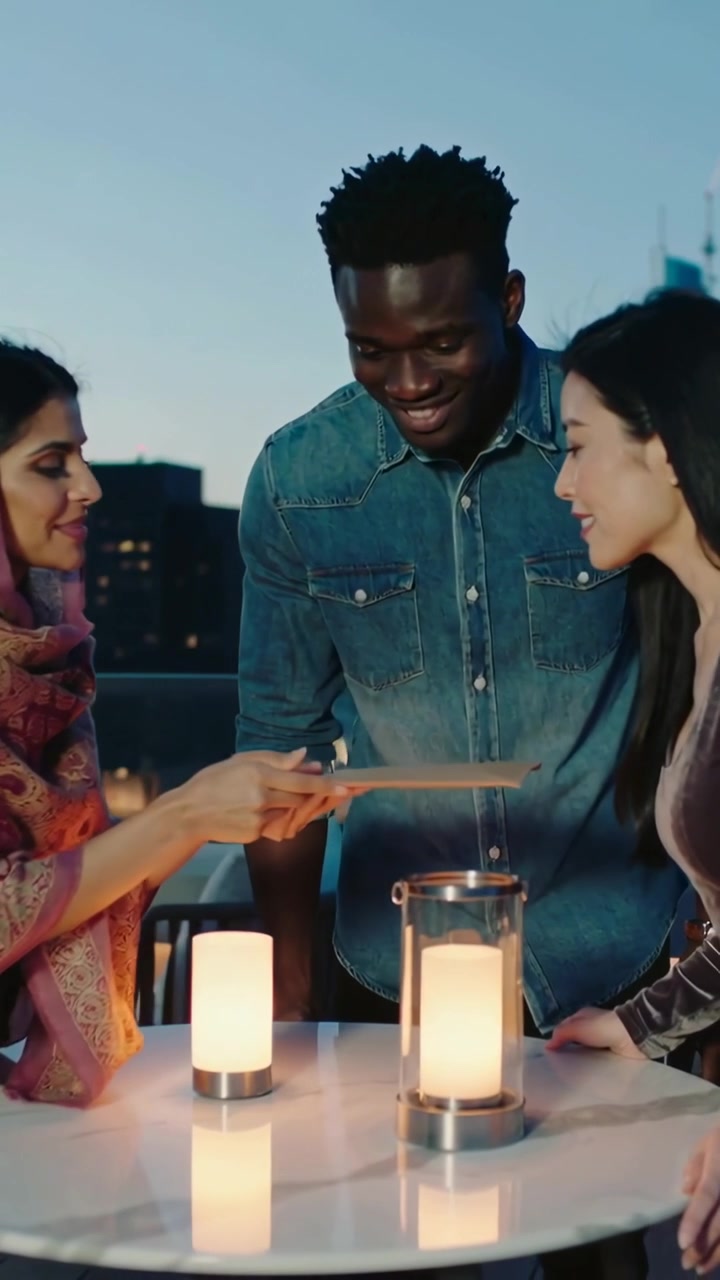 Vídeo vertical: Mulher de xale levantando um envelope pardo e passando-o para o grupo, com velas em um terraço