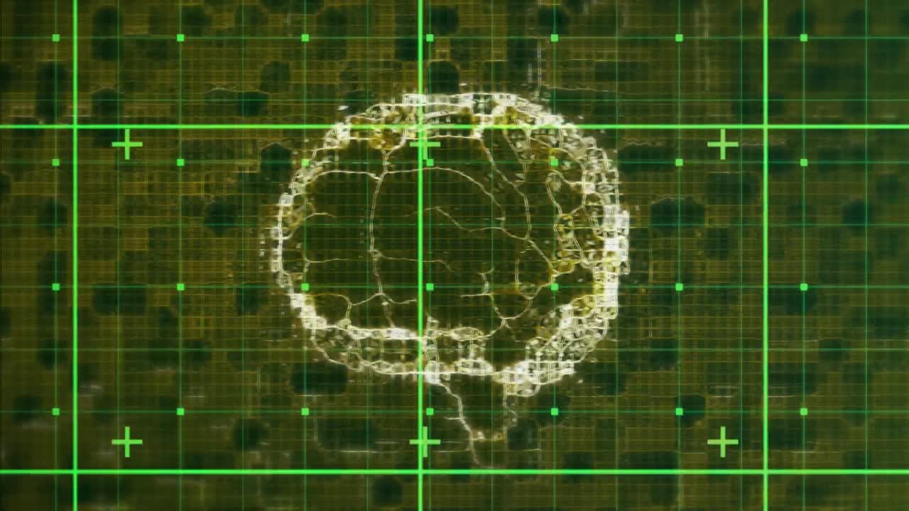 녹색과 검은색 배경에 회전하는 반 ⁇ 이는 3d 인간 뇌 모델의 애니메이션