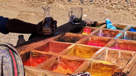 Street market serving spices, seasoning traditional dish in desertic Egypt Dahab, closeup