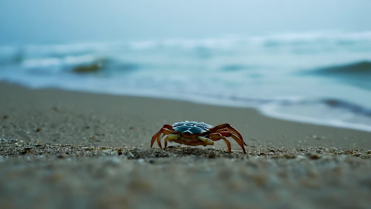 Crab walking along the sandy beach with ocean waves crashing in the background creates a serene coastal scene