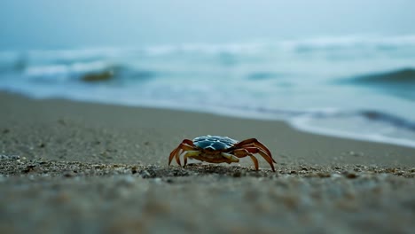 crab walking along the sandy beach with ocean waves crashing in the background creates a serene coastal scene