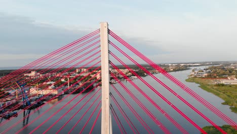 aerial cable-stayed bridge on a river in gdansk, poland