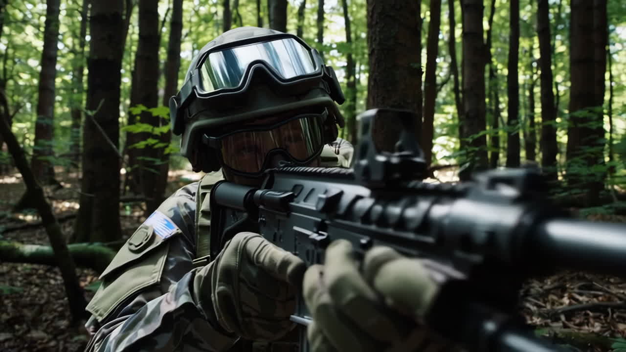 Soldier in Woodland Camouflage Uniform with Rifle