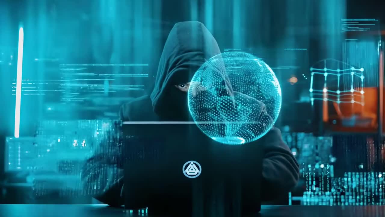 Hacker in a hoodie at a laptop, low-angle shot, cyberpunk style, perfect for video