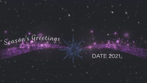 Animation-of-christmas-greetings-text-over-fireworks-and-snow-falling-on-black-background