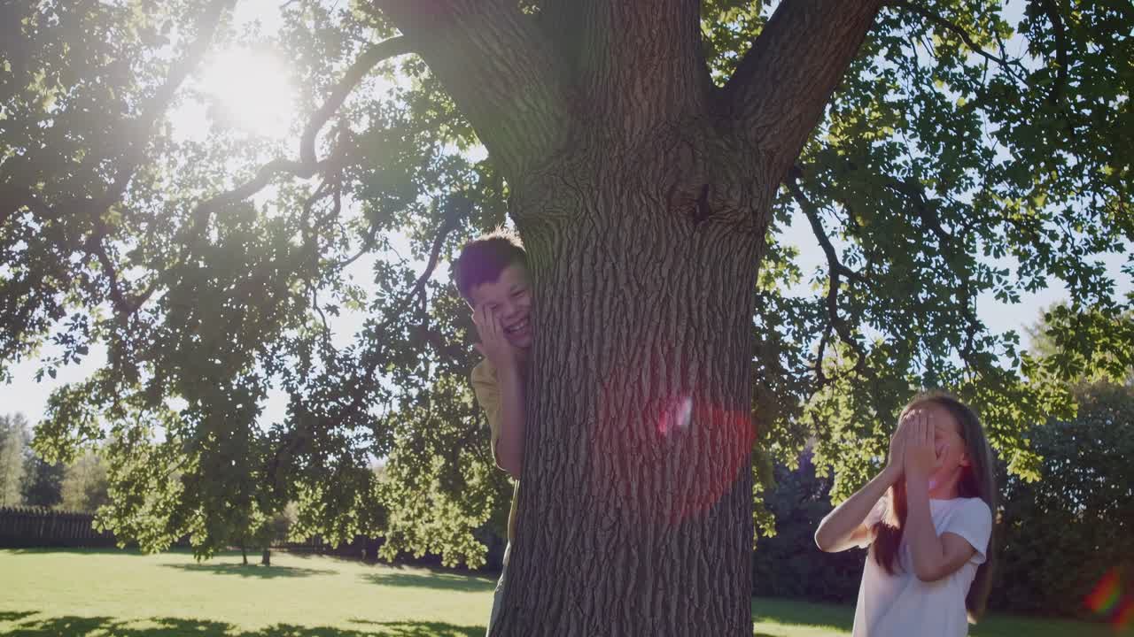 Playful scene of children playing hide and seek around a tree, captured from a low angle