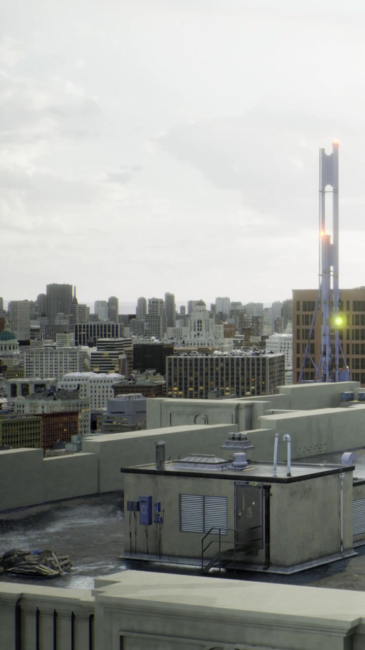 City skyline view with water tower and modern building during golden hour