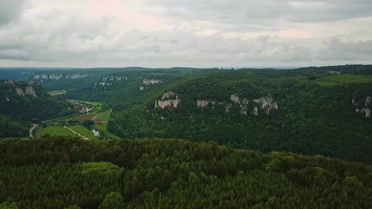 Rotating view to right from Doanutal valley in the South Black Forest, Eichfelsen Germany