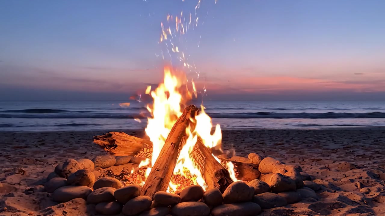 Un accogliente falò sulla spiaggia al tramonto, con fiamme che danzano all'interno di un cerchio di pietre, proiettando una luce calda sullo sfondo sereno dell'oceano al crepuscolo.