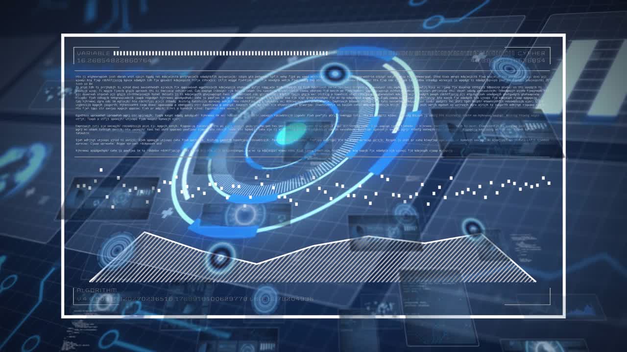 White HUD starting with left sweep rotating rings, growing polygon, pulsing waveform showing data