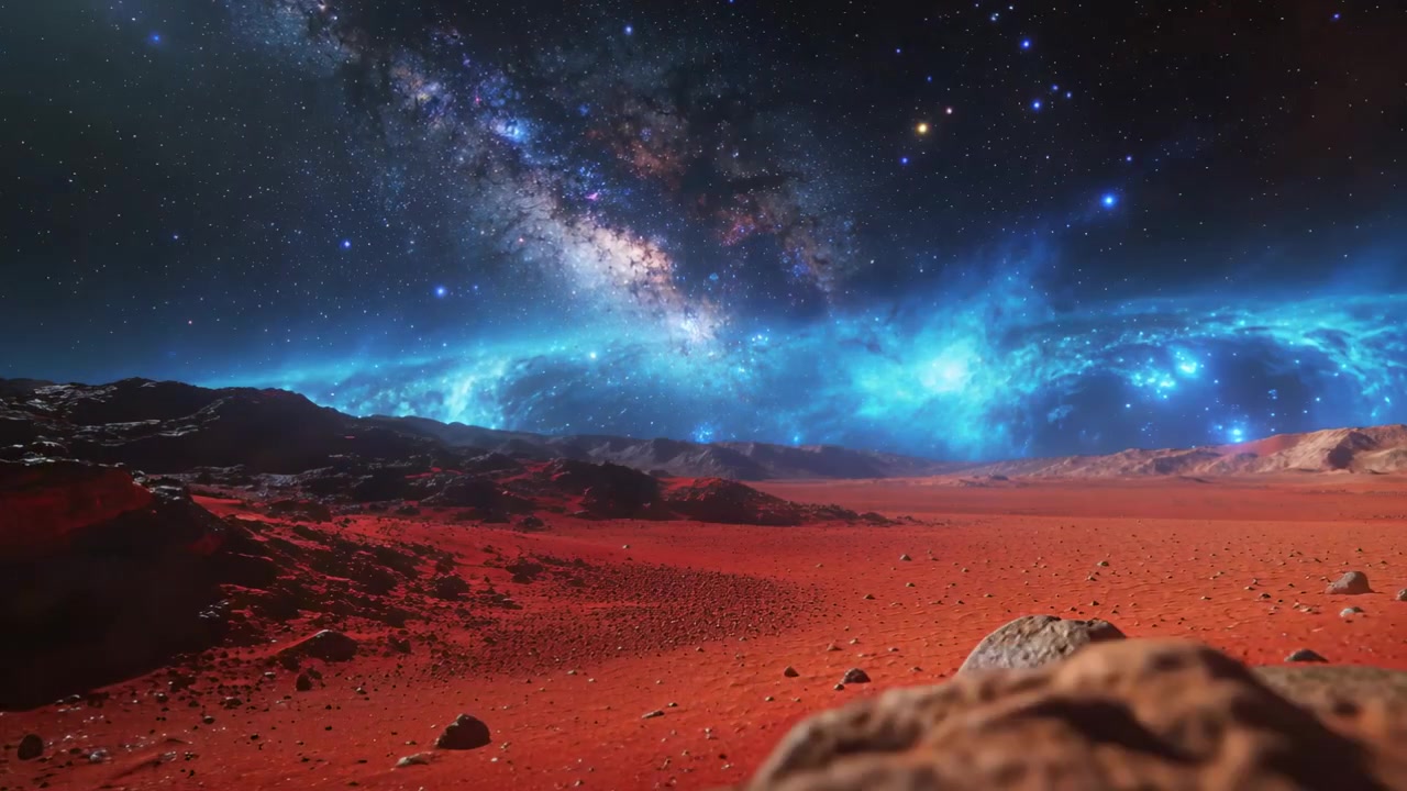 Roca desprendiéndose tras un temblor, liberando una columna de polvo en una llanura roja, con la cámara retrocediendo y mostrando un cielo de nebulosa.
