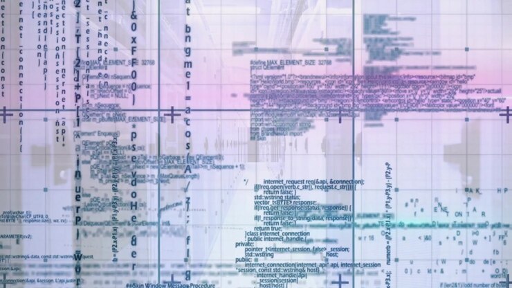 Frame three starting grid code scrolling and shifting lines, clusters migrating and forming stream