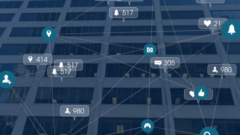 Animation-of-network-of-connections-with-icons-over-cityscape