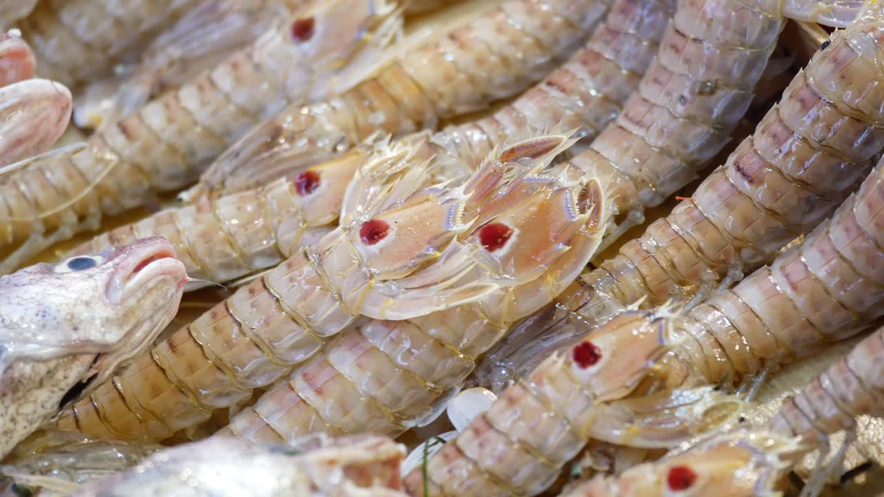 Fresh Raw Prawns Display at Market