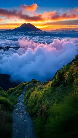 breathtaking sunset over mountains with clouds and lush vegetation