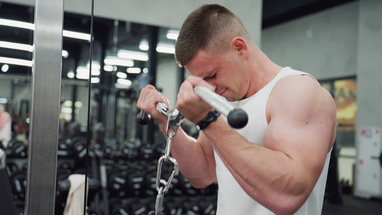 Athlete grips cable machine handle in modern gym and powers through intense arm curl set, brow furrowed, muscles flexing, reflecting disciplined strength training routine in fitness center