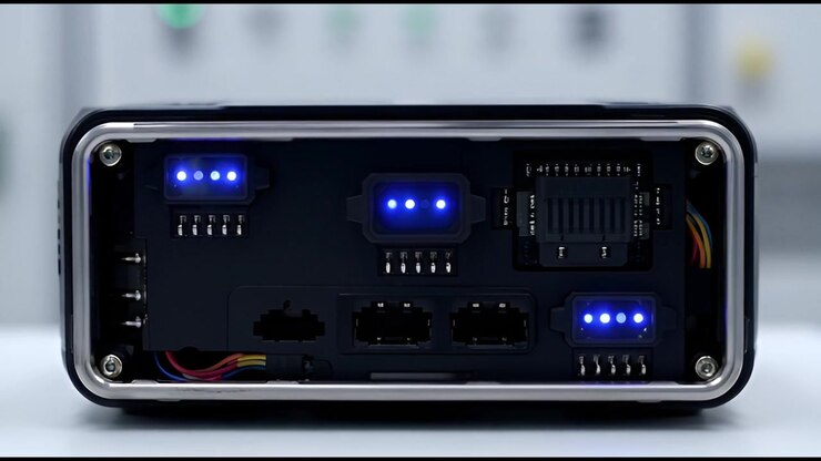 Pannello posteriore di un dispositivo di rete con indicatori LED blu attivi