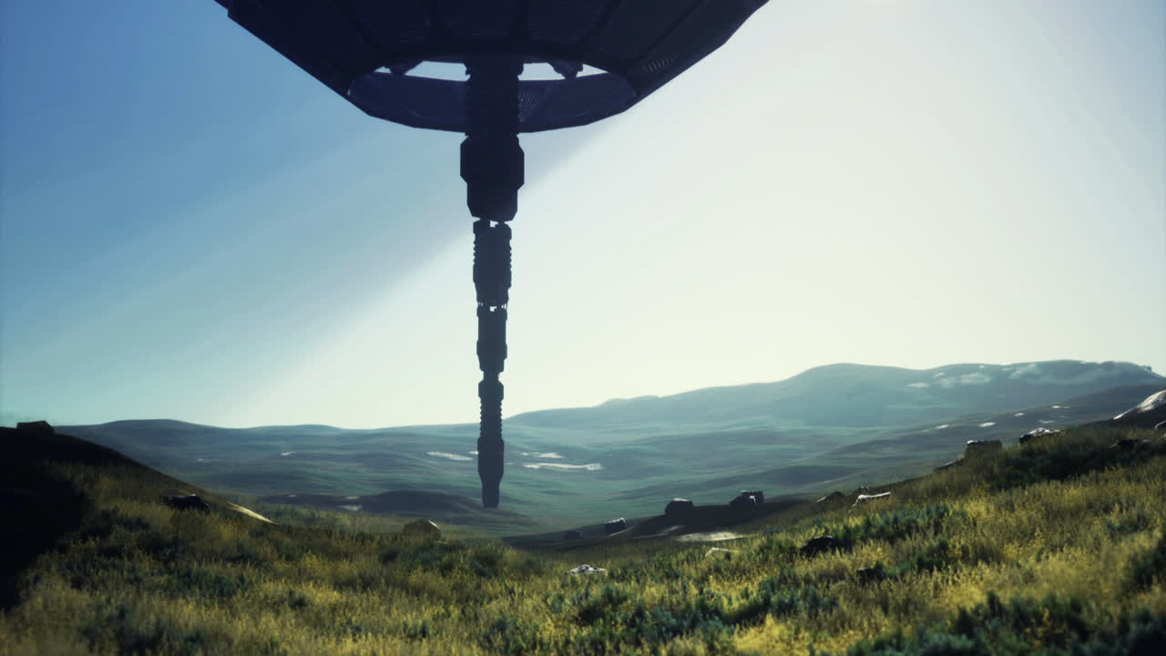 Mysterious alien ship hovering above lush green valley at dawn