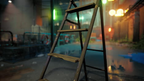 a rusty ladder in a dark alley