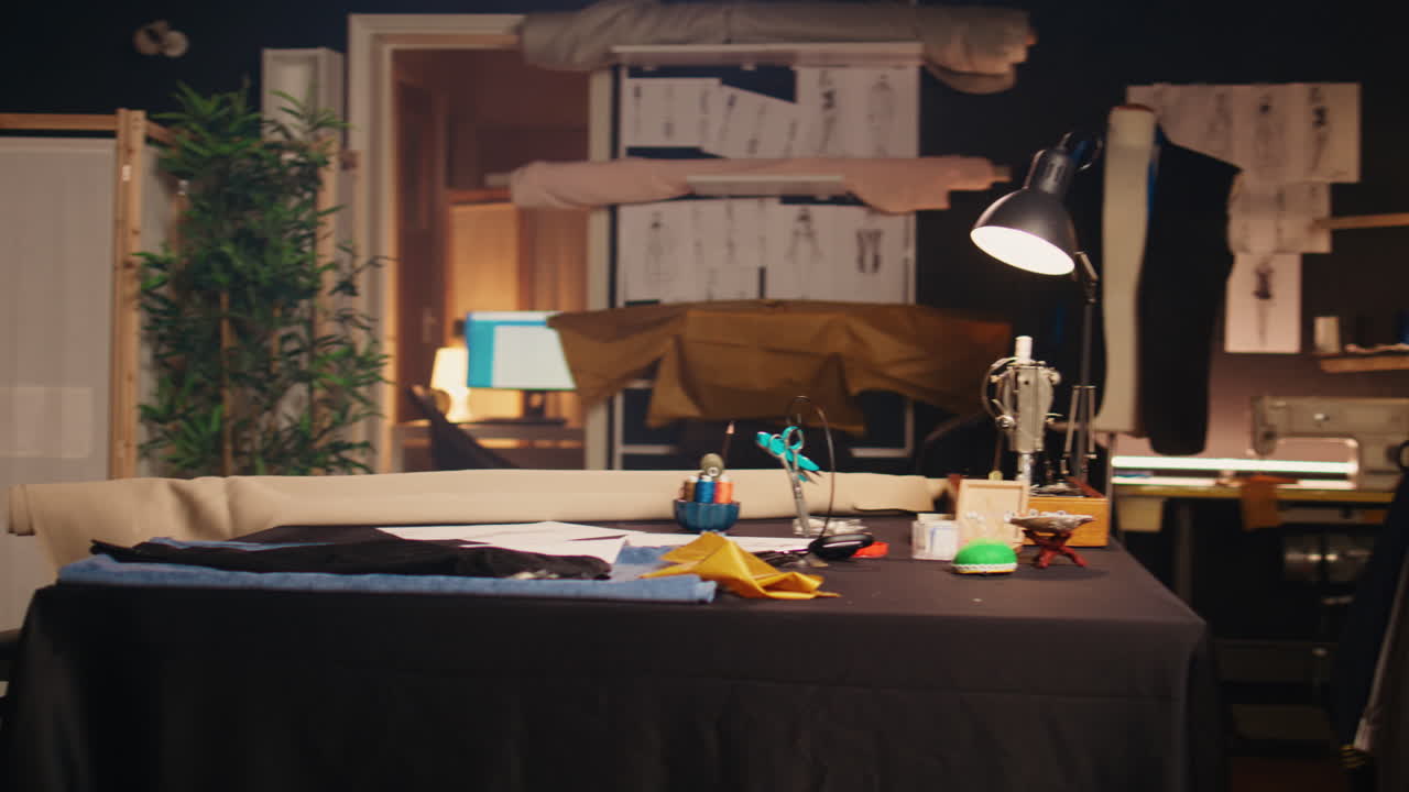 바느질 도구 가 있는 비어 있는 바느질 작업실