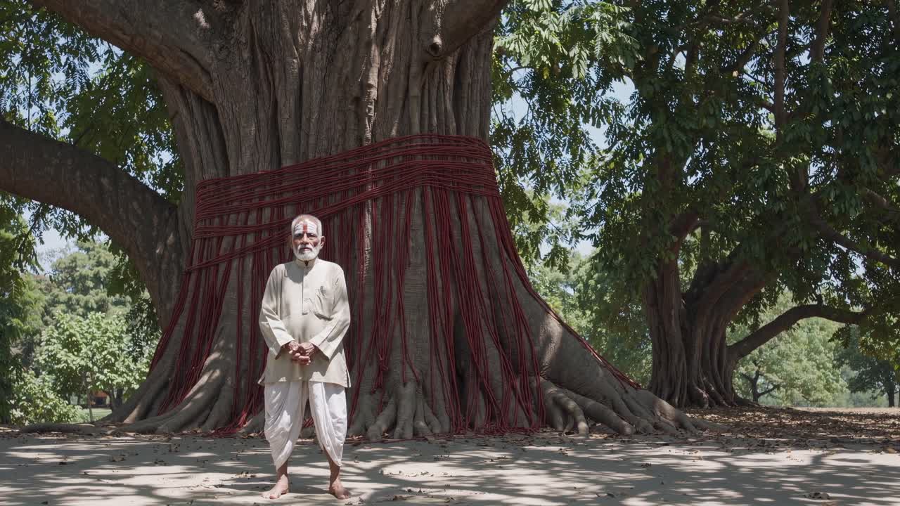 Senior monk standing barefoot, wearing traditional indian clothing, meditating under a large sacred peepal tree wrapped with red threads, in a peaceful outdoor setting