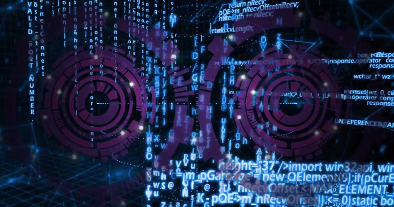 On launch two magenta rings rotating with code streams simulating data input on wireframe grid