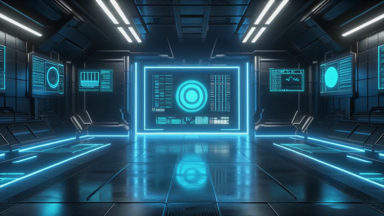 Futuristic Sci-Fi Command Center with Glowing Blue Digital Displays
