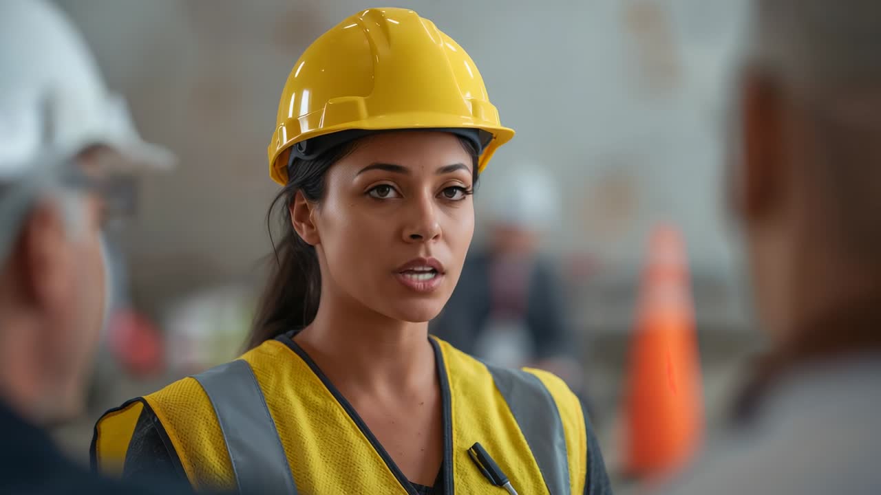 Site supervisor in yellow hard hat and vest giving briefing inside building after call, using radio