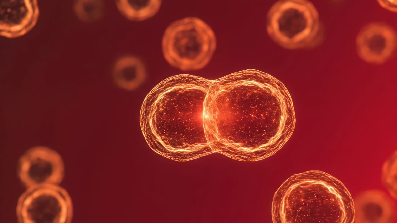 Nahaufnahme-Video von leuchtenden Zellen auf rotem Hintergrund, das einen dynamischen, wissenschaftlichen Stil präsentiert