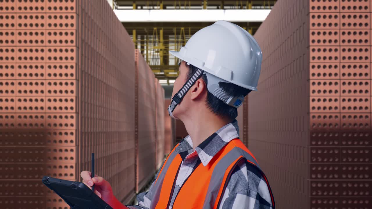 Close Up Side View Of Asian Male Engineer With Safety Helmet Taking Note On The Tablet And Looking Around While Standing With Red Brick Packed in Stacks Are Stored