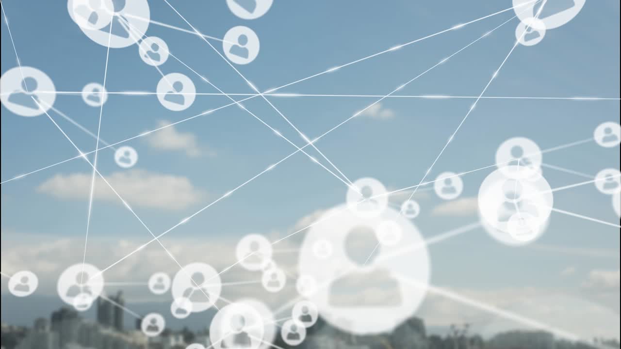 Animation of network of connections with icons over sky with clouds