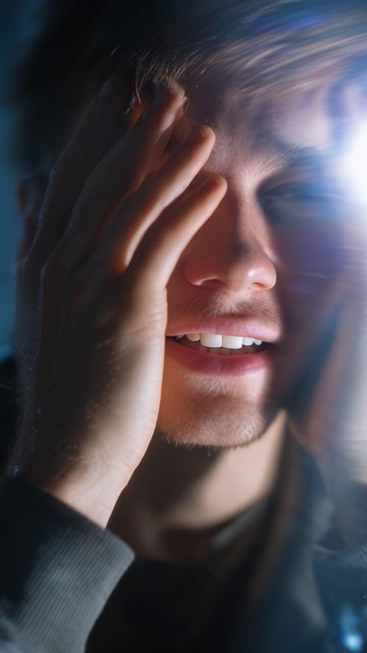 Una persona giovane esprime emozioni profonde, passando da un momento di angoscia a uno di sollievo, mostrando una potente trasformazione nelle espressioni facciali e nell'illuminazione.