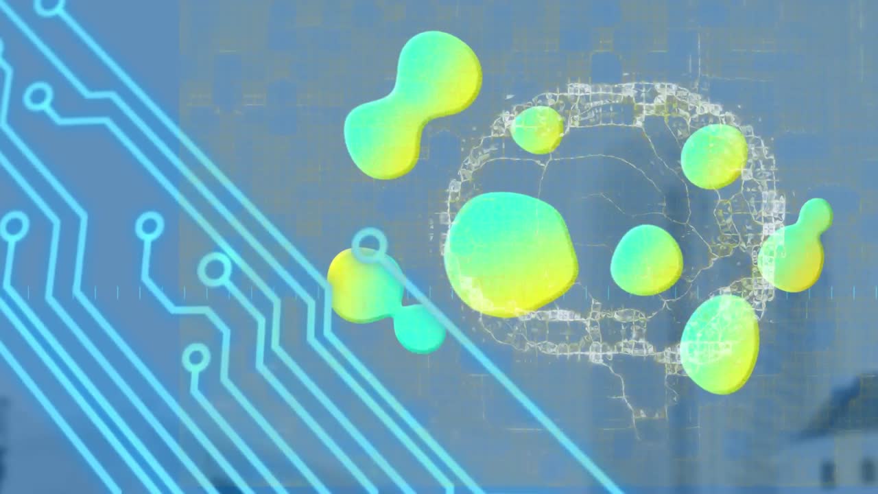 컴퓨터 회로판, 블롭 및 뇌가 파란색 배경에 회전하는 애니메이션