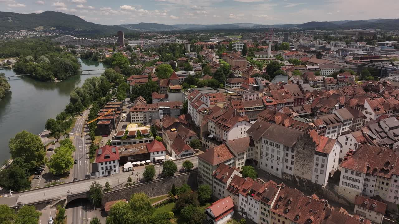 Aerial view of Aarau with historic rooftops, church, and river in Aargau, Switzerland