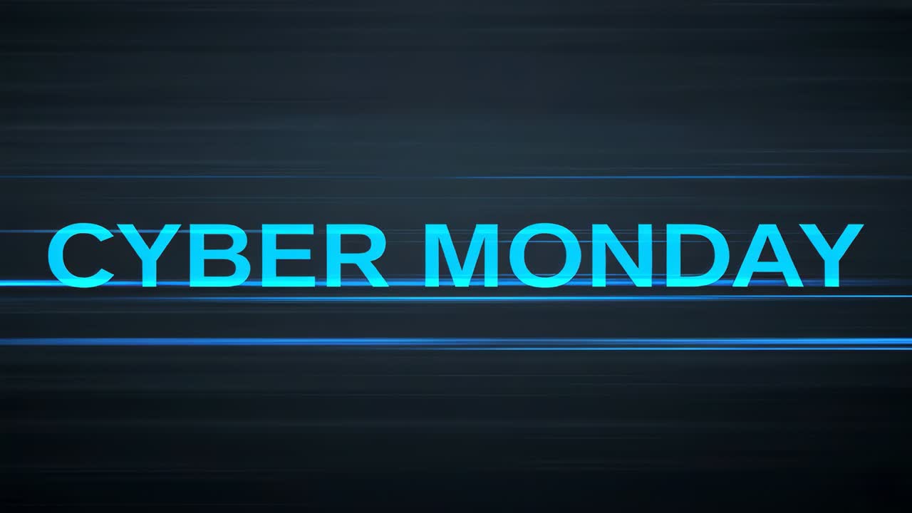 Sweeping cyan streak moving across dark backdrop with thin scan lines, revealing CYBER MONDAY text