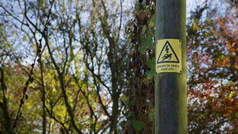 danger of death keep out safety sign on the street near autumn park. selective focus shot