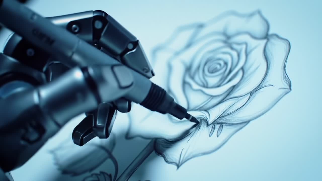A Robotic Arm Skillfully Illustrates a Beautifully Detailed Rose, Showcasing Precision and Artistic Flair in Modern Artistry