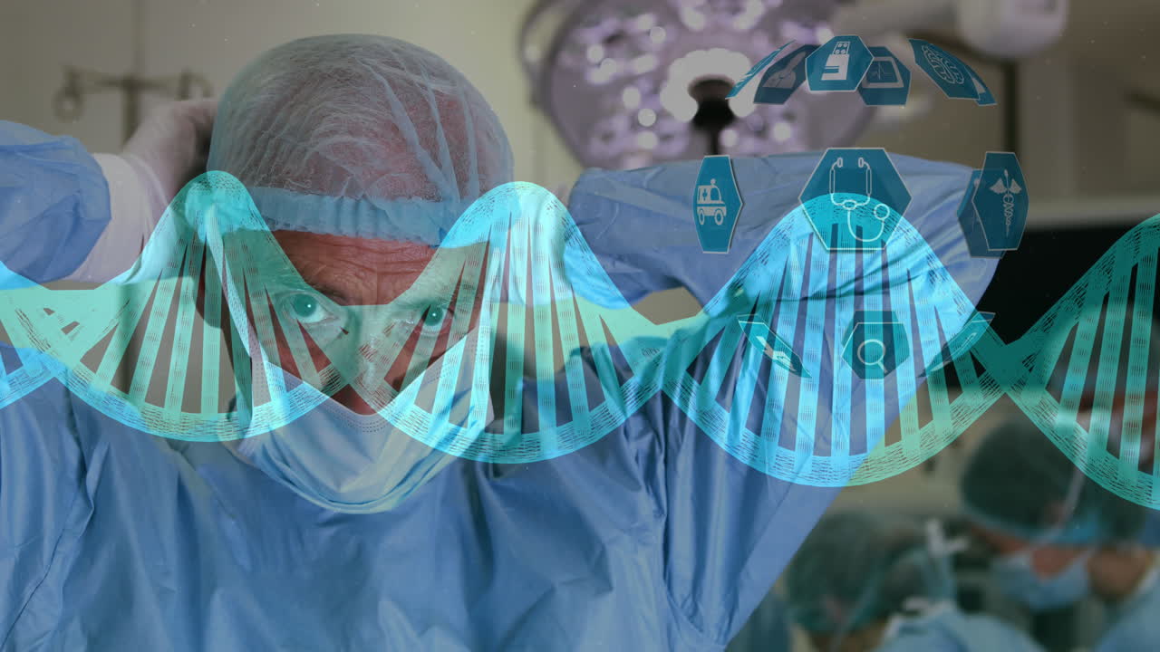 globo de iconos médicos y estructura de adn contra un cirujano masculino con máscara facial