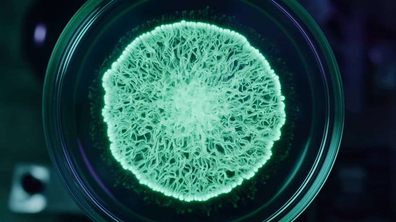 Colonia microbica verde in time-lapse che si espande in una capsula di Petri centrata sotto illuminazione da laboratorio color verde acqua