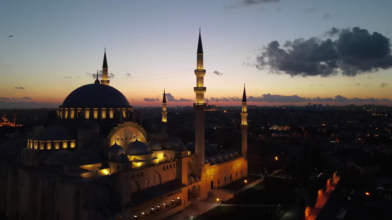 Suleymaniye Mosque in the Sunset Drone Video Fatih, Istanbul Turkey