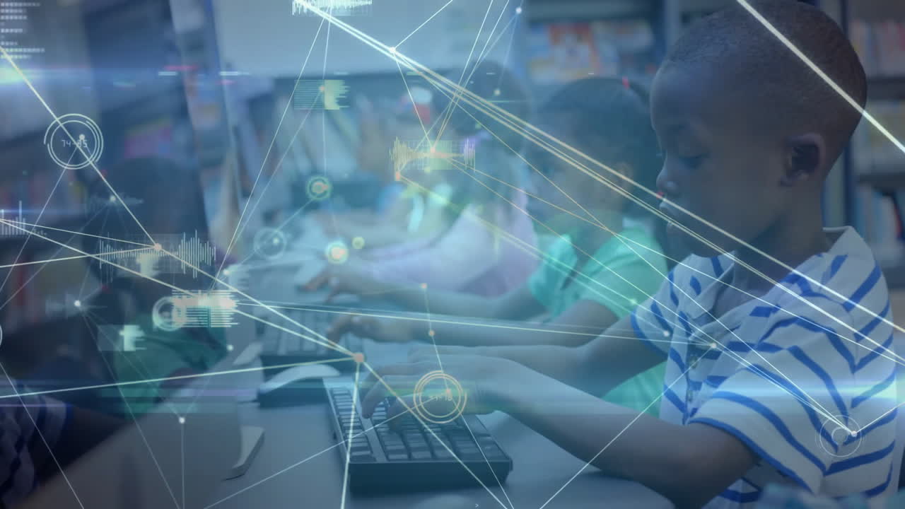 Children using computers with data network animation overlay in classroom setting