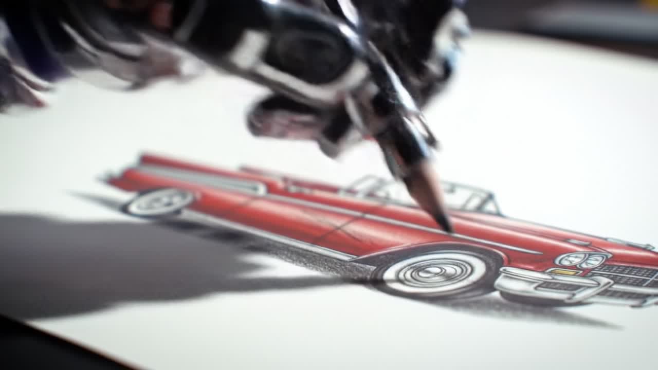 A Robotic Hand Skillfully Illustrating a Classic Red Convertible Car on Paper, Showcasing the Intricate Details of the Design with Precision and Craftsmanship